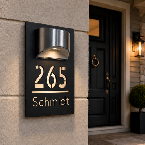 Beleuchtetes Solar-Hausnummernschild 22 × 35 cm in Schwarz mit Hausnummer und Namen in Goldfarben neben der Haustür
