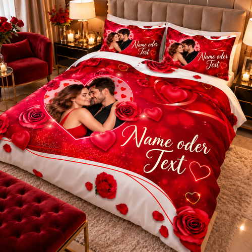 Romantische Bettwäsche mit eigenem Foto und Text in Rot mit Rosen und Herzen im Schlafzimmer