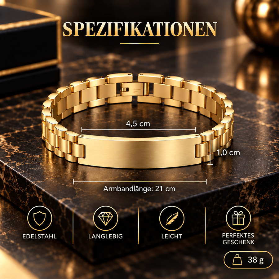 NameBar Armband – Spezifikationen: Edelstahl, Gravurplatte 4,5 × 1 cm, Armbandlänge 21 cm, 38 g