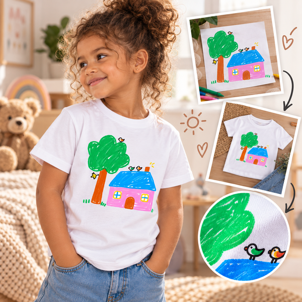 DoodleShirt Kinder-T-Shirt mit eigener Zeichnung – Kinderzeichnung in voller Farbe auf dem Shirt