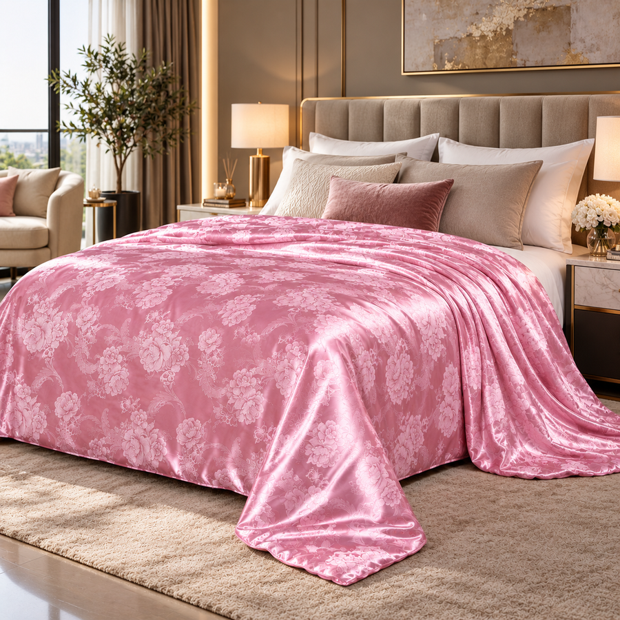 SilkDream Quilt in Rosa aus Satin-Jacquard mit eingewebtem Blumenmuster auf einem gemachten Bett
