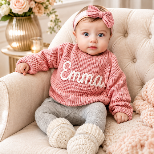Babypullover mit Namen – handgestrickt