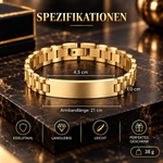 NameBar Armband – Spezifikationen: Edelstahl, Gravurplatte 4,5 × 1 cm, Armbandlänge 21 cm, 38 g
