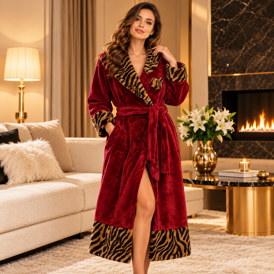 LuxeRobe Fleece-Morgenmantel für Damen in Bordeauxrot mit Tigerprint an Kragen, Ärmeln und Saum