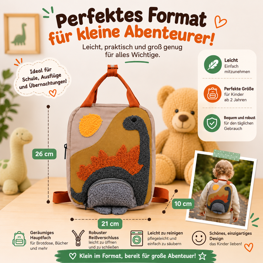 Dinosaurier-Rucksack mit gesticktem Namen – Vorderseite