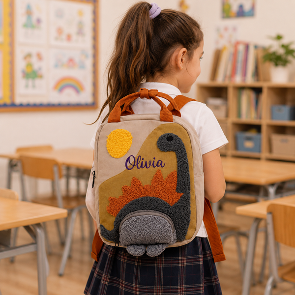 Dinosaurier-Rucksack mit gesticktem Namen – Canvas-Kinderrucksack mit Dino-Motiv