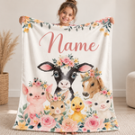 SnuggleName Fleecedecke mit Namen – Design Bauernhoftiere mit Kuh, Schwein, Küken, Lamm und Fohlen