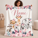 SnuggleName Fleecedecke mit Namen – Design Safari Rosa Blumen mit Giraffe, Elefant, Zebra und Koala