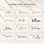 Trinkflasche mit Namen – Übersicht der 12 Schriftarten (Schrift 1 bis 12)