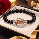 MemoraBead Armband mit eigenem Foto – schwarze Perlen, silberfarbenes Medaillon