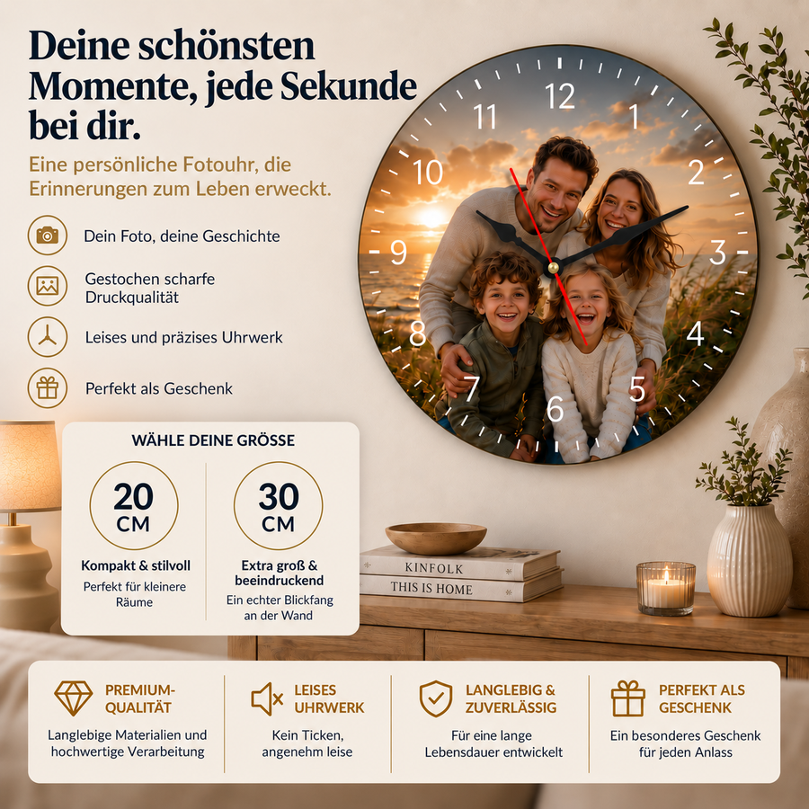 MemoraClock Wanduhr mit eigenem Foto – Größen 20 und 30 cm