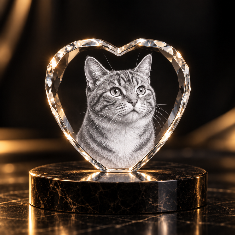 MemoraPet Kristall-Herz mit dem Foto einer Katze als Lasergravur, stimmungsvoll beleuchtet