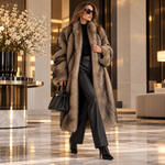 Frau im langen LuxeFur Kunstfell-Mantel in Camel mit schwarzer Hose und Tasche