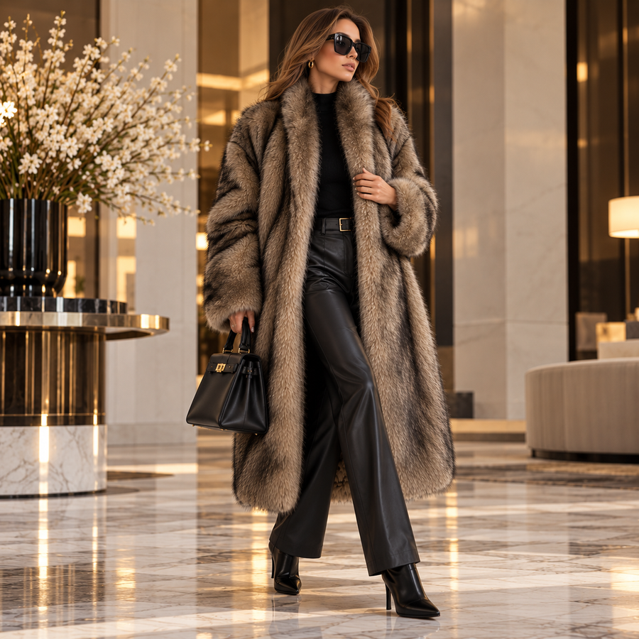 Frau im langen LuxeFur Kunstfell-Mantel in Camel mit schwarzer Hose und Tasche