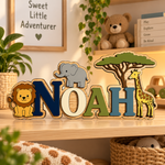 JungleName Namensschild aus Holz mit Dschungeltieren – Schriftfarbe Bunt
