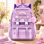 RainbowPack Schulrucksack mit Namen in Lila, mit karierter Klappe und Pompon