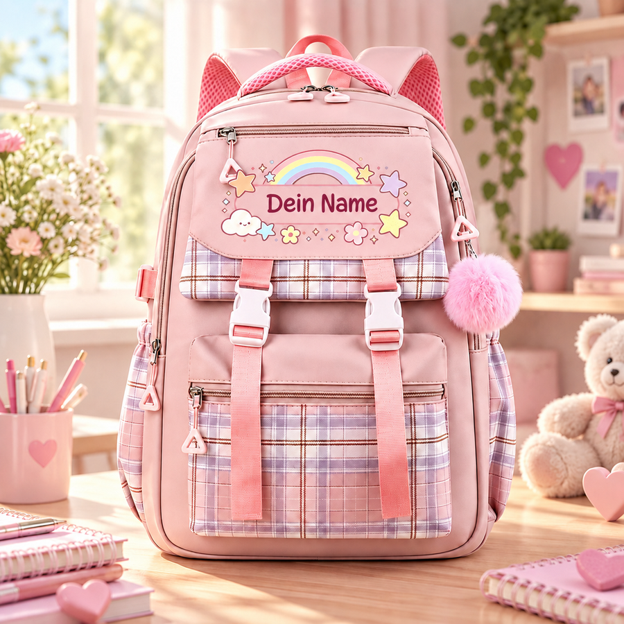 RainbowPack Schulrucksack mit Namen in Rosa, mit karierter Klappe und Pompon