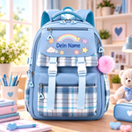 RainbowPack Schulrucksack mit Namen in Blau, mit karierter Klappe und Pompon