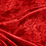 Roter Satin-Jacquard mit eingewebten Pfingstrosen – Detail des SilkDream Quilts