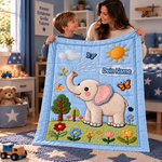 ElliName Elefanten-Decke mit Namen in Blau – Elefant mit Blumen, Schmetterlingen und Namenswolke