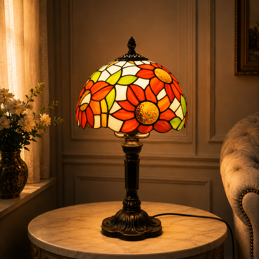 Tiffany Tischlampe Sunfield mit Blumenmotiv