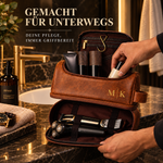TravelCase geöffnet mit Rasierzeug und Pflegeprodukten griffbereit