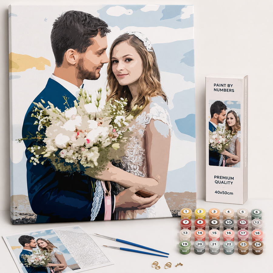 Malen nach Zahlen mit eigenem Foto: Leinwand mit Hochzeitspaar, Farben und Pinsel